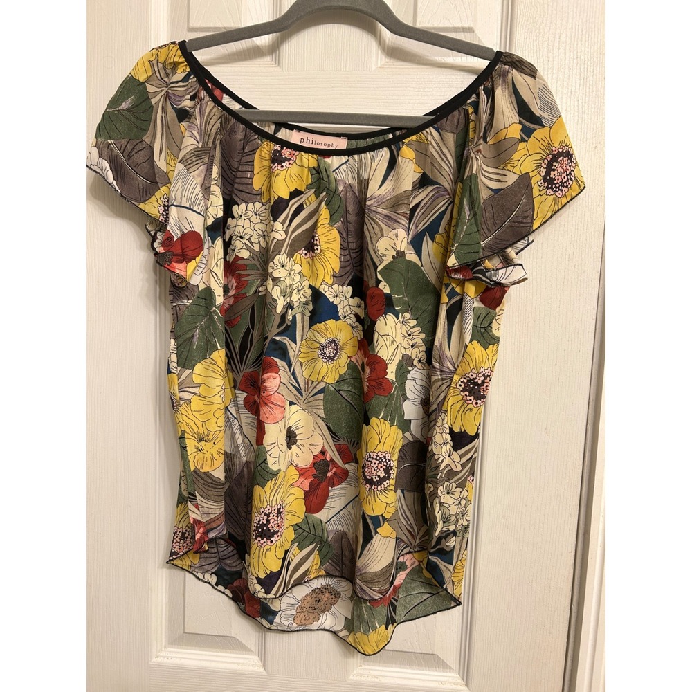 Philosophy Republic Clothing Floral Flutter Sleeve Blouse Yellow Green Small NWT
